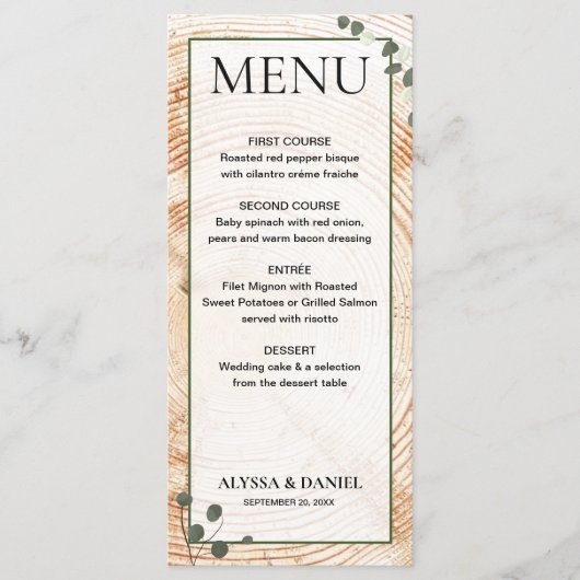 Rustikale Hochzeitsbäume mit Eukalyptus Menükarte (Vorderseite)