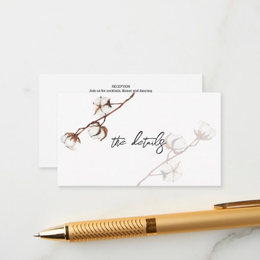 Rustikale Hochzeitsbaumwolle - Details Begleitkarte (Vorderseite/Rückseite Beispiel)