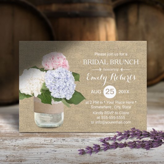 Rustikale Hochzeitsbrunch-Hortensien-Mason-Glas-Bu Einladung