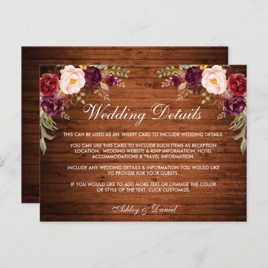 Rustikale Hochzeitsdetails Holz Burgund Blumenkart Postkarte (Vorne/Hinten)