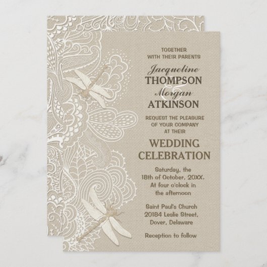 Rustikale Hochzeitseinladung in Burlap und Lace Einladung (Vorne/Hinten)