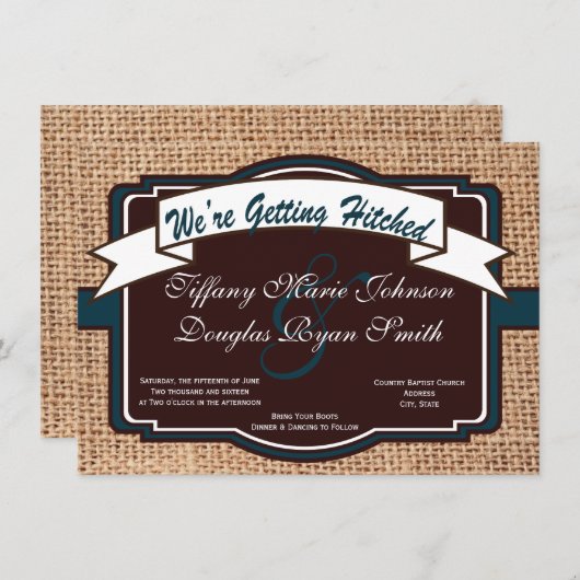 Rustikale Hochzeitseinladungen mit Hitched Burlap Einladung (Vorne/Hinten)