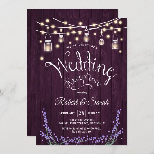 Rustikale Hochzeitsempfang - Lila Holzlavender Einladung (Vorne/Hinten)