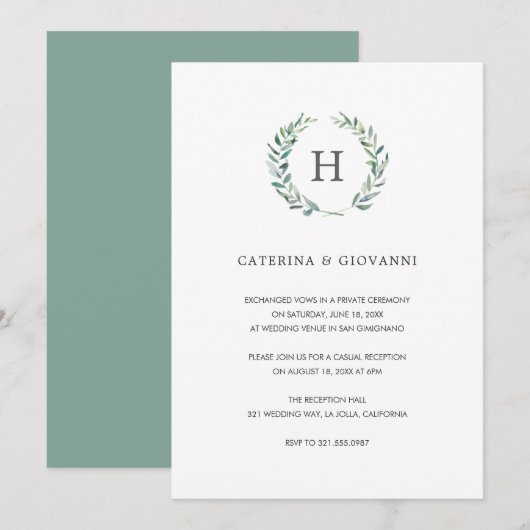 Rustikale Hochzeitsempfangsfeier mit Monogramm und Einladung (Vorne/Hinten)