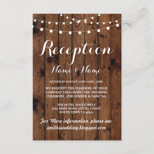 Rustikale Hochzeitsempfangskarten Holzleuchten Begleitkarte (Vorderseite)