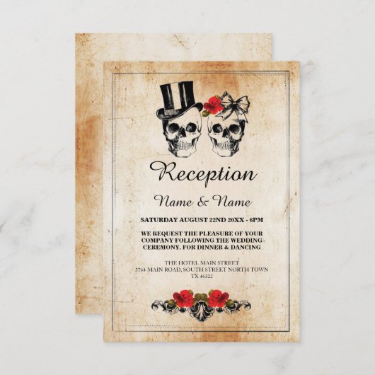 Rustikale Hochzeitsempfangskarten Skulls Rose Begleitkarte (Vorne/Hinten)