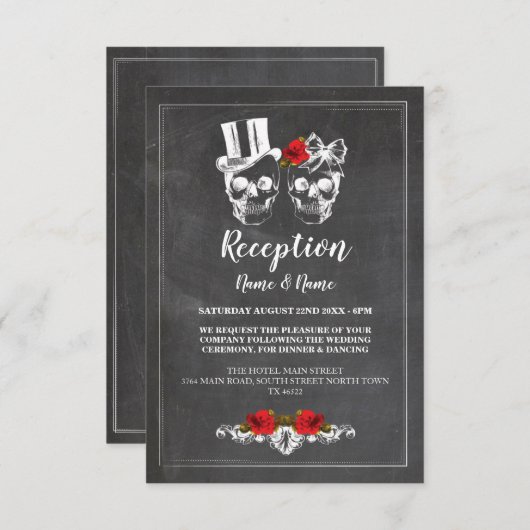 Rustikale Hochzeitsempfangskarten Skulls Rose Chal Begleitkarte (Vorne/Hinten)