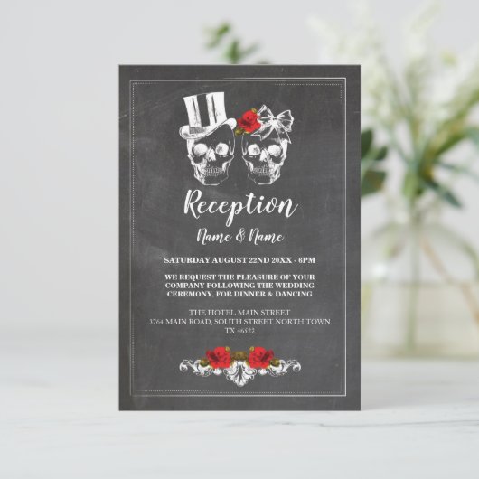 Rustikale Hochzeitsempfangskarten Skulls Rose Chal Begleitkarte (Stehend Vorderseite)