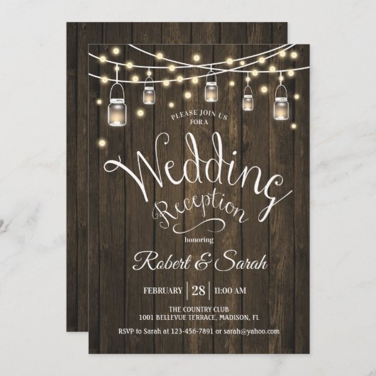 Rustikale Hochzeitsempfehlung für Holz und Licht Einladung (Vorne/Hinten)