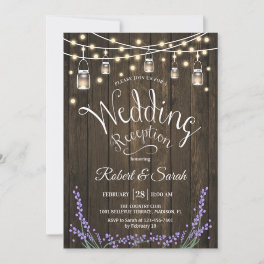 Rustikale Hochzeitsempfehlung - Holz, Lavendel & L Einladung (Vorderseite)