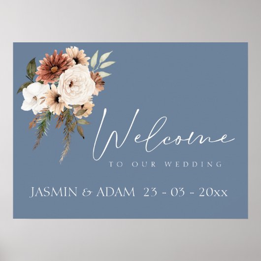 Rustikale Hochzeitsfeier mit blauem Pfirsich Poster (Vorne)