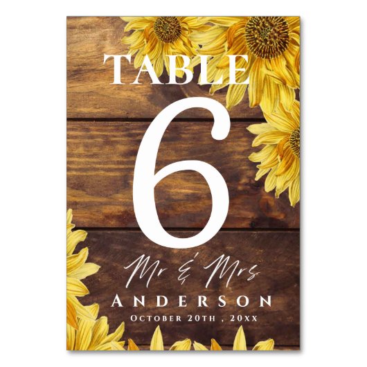 Rustikale Hochzeitsfeier mit Sonnenblumen Tischnummer (Vorderseite)