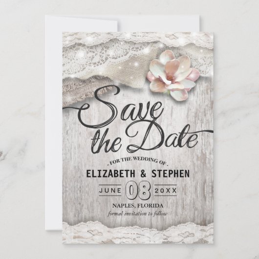 Rustikale Hochzeitshälfte aus Holz aus Burlap Lace Save The Date (Vorderseite)
