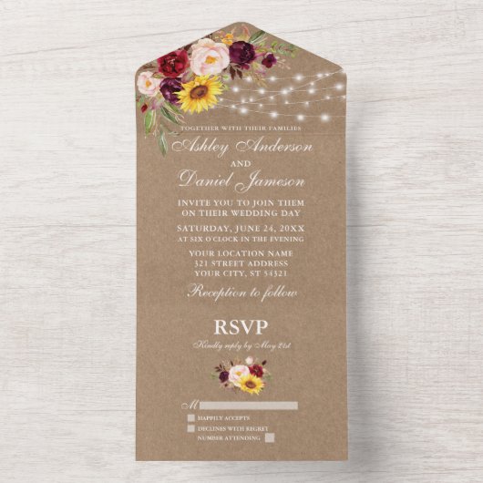 Rustikale Hochzeitshöhe mit gemischten Blumenstrau All In One Einladung (Innen Boden)