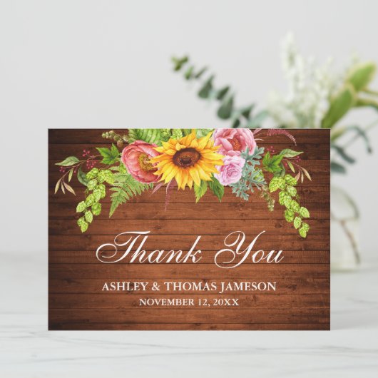Rustikale Hochzeitsholzblume Dankeskarte (Stehend Vorderseite)