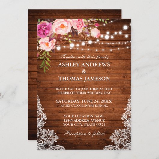 Rustikale Hochzeitsholzlampen in rosafarbenem Blau Einladung (Vorne/Hinten)