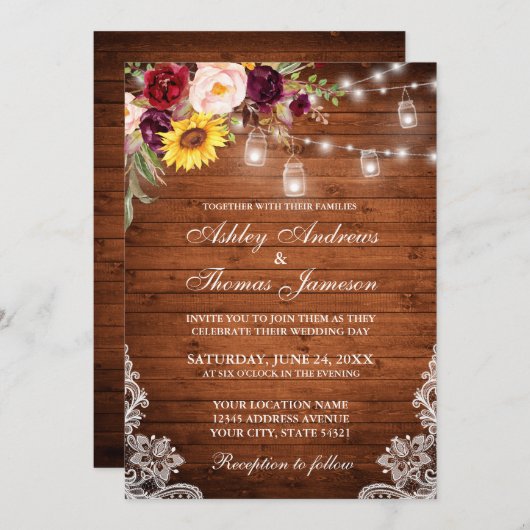 Rustikale Hochzeitsholzlichter Jars Lace Mixed Flo Einladung (Vorne/Hinten)