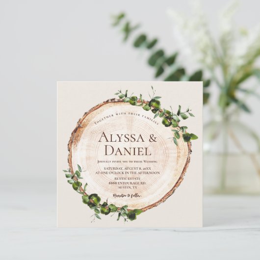 Rustikale Hochzeitsholzmasse Einladung (Stehend Vorderseite)