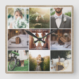 Rustikale Hochzeitsinagram Foto Grid Wood Burlap Quadratische Wanduhr