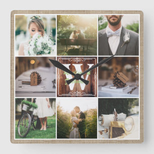 Rustikale Hochzeitsinagram Foto Grid Wood Burlap Quadratische Wanduhr
