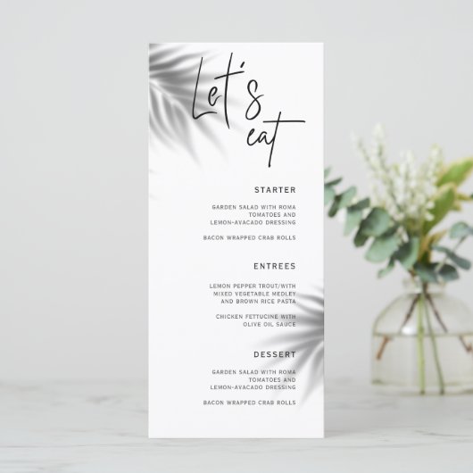 Rustikale Hochzeitskalligraphie Essen wir Abendmen Menükarte (Stehend Vorderseite)