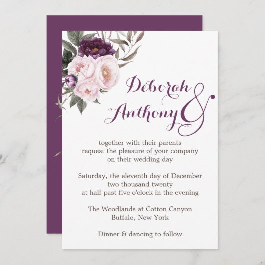 Rustikale Hochzeitskarte für Lila Peony Floral Einladung (Vorne/Hinten)