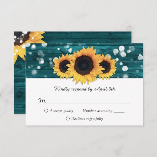 Rustikale Hochzeitskarte für Sonnenblumen, aquamar RSVP Karte (Vorne/Hinten)