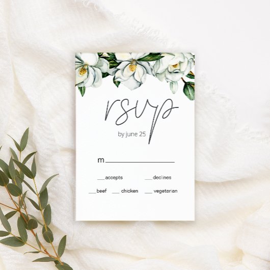 Rustikale Hochzeitskarte für Weiße Magnolien RSVP Karte