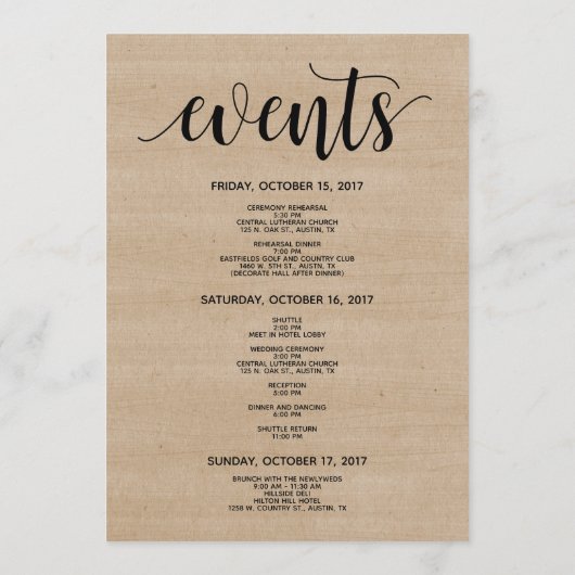 Rustikale Hochzeitskarte Programm (Rückseite)