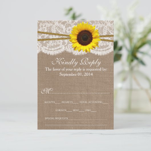 Rustikale Hochzeitskarten für Sonnenblumen RSVP Karte (Stehend Vorderseite)