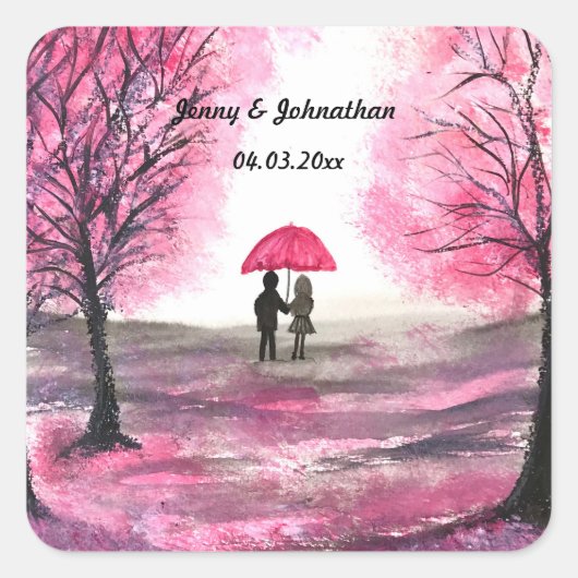 Rustikale Hochzeitskoppel Liebe Kirschblüten Quadratischer Aufkleber (Vorderseite)