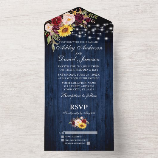 Rustikale Hochzeitslampen aus blauem, blühendem Ho All In One Einladung (Innen Boden)