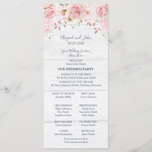 Rustikale Hochzeitsprogramm im Frühlingsblumen-Ros Programm (Rückseite)