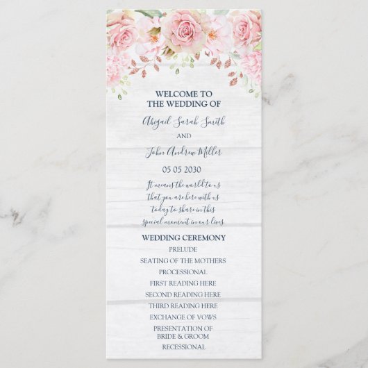 Rustikale Hochzeitsprogramm im Frühlingsblumen-Ros Programm (Vorderseite)