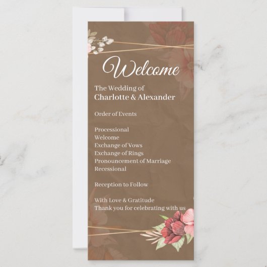 Rustikale Hochzeitsprogramm mit rosafarbenen Blume (Vorderseite)