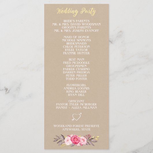 Rustikale Hochzeitsprogramme für Blütenpeony & Dee Programm (Rückseite)