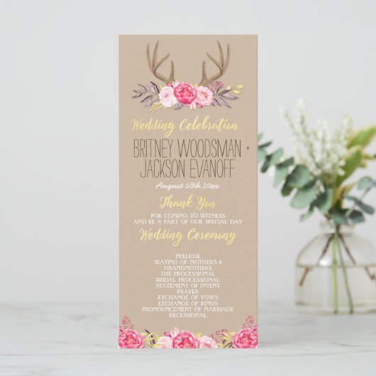 Rustikale Hochzeitsprogramme für Blütenpeony & Dee Programm (Stehend Vorderseite)