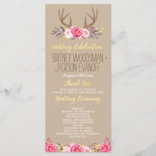 Rustikale Hochzeitsprogramme für Blütenpeony & Dee Programm (Vorderseite)