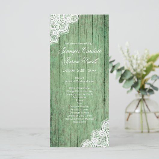 Rustikale Hochzeitsprogramme für Grünholz Programm (Stehend Vorderseite)