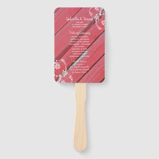 Rustikale Hochzeitsprogramme für Rote Barnholz Fächer (Vorderseite)