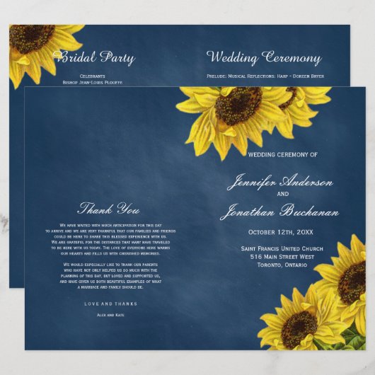 Rustikale Hochzeitsprogramme für Sonnenblumen auf  (Vorne/Hinten)