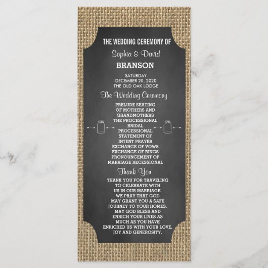 Rustikale Hochzeitsprogramme im Mason-Glas mit Jut Programm (Vorderseite)
