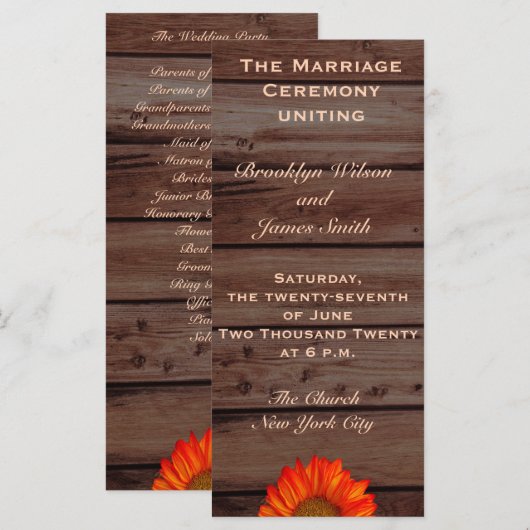 Rustikale Hochzeitsprogramme mit Sonnenblumen Programm (Vorne/Hinten)