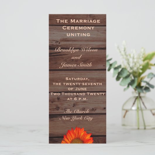 Rustikale Hochzeitsprogramme mit Sonnenblumen Programm (Stehend Vorderseite)