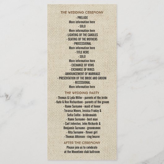 Rustikale Hochzeitsprogramme Programm (Rückseite)