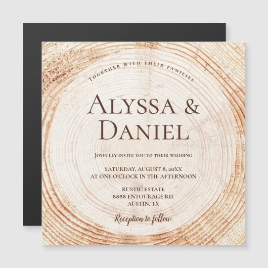 Rustikale Hochzeitsslicen aus Naturholz Magneteinladung (Vorne/Hinten)