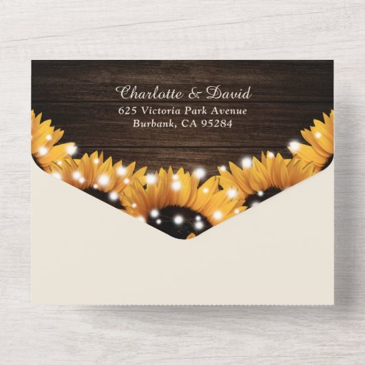 Rustikale Hochzeitssonne aus Holz All In One Einladung (Rückseite)