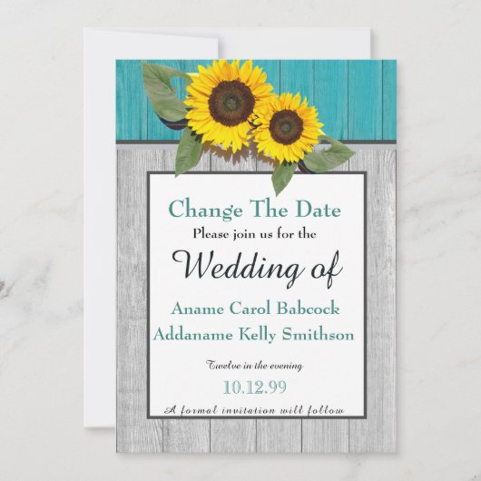 Rustikale Hochzeitssonnenblume Aquamarin Grau-Holz Save The Date (Vorderseite)