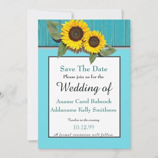 Rustikale Hochzeitssonnenblume Aquamarin Grau-Holz Save The Date (Vorderseite)