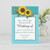 Rustikale Hochzeitssonnenblume Aquamarin Grau-Holz Save The Date (Stehend Vorderseite)